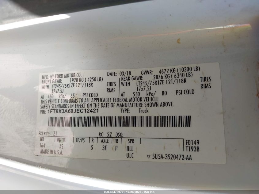 2018 Ford F-350 Xl VIN: 1FT8X3A69JEC12421 Lot: 43478970