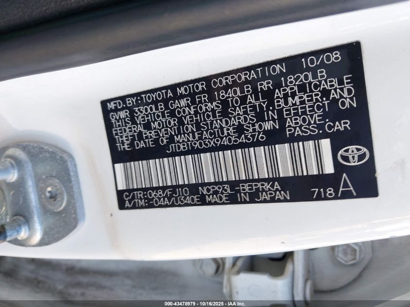2009 Toyota Yaris VIN: JTDBT903X94054376 Lot: 43478979