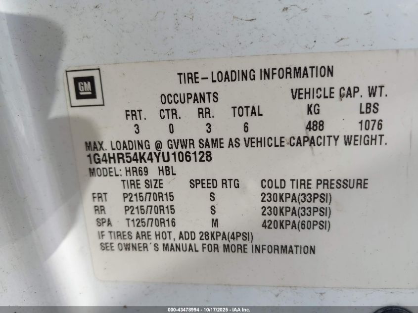 2000 Buick Lesabre Limited VIN: 1G4HR54K4YU106128 Lot: 43478994