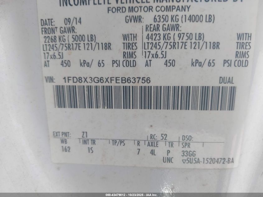 2015 Ford F-350 Chassis Xl VIN: 1FD8X3G6XFEB63756 Lot: 43479012