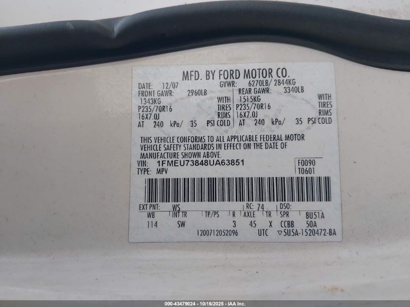 2008 Ford Explorer Xlt VIN: 1FMEU73848UA63851 Lot: 43479024