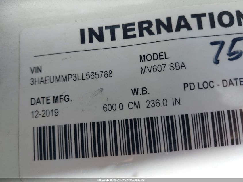 2020 International Mv VIN: 3HAEUMMP3LL565788 Lot: 43479039