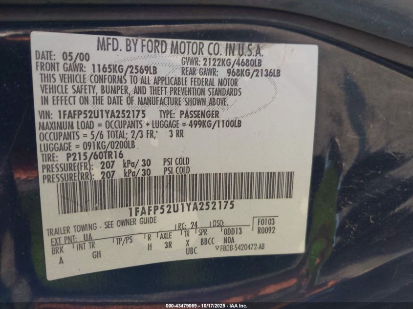 2000 Ford Taurus Lx VIN: 1FAFP52U1YA252175 Lot: 43479069