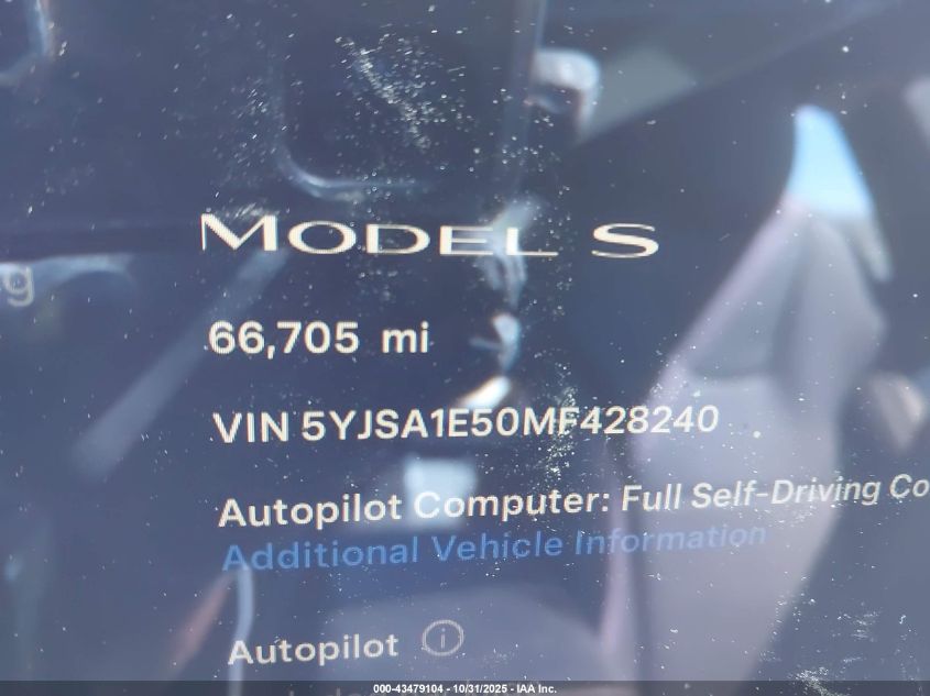 2021 Tesla Model S Long Range Dual Motor All-Wheel Drive VIN: 5YJSA1E50MF428240 Lot: 43479104