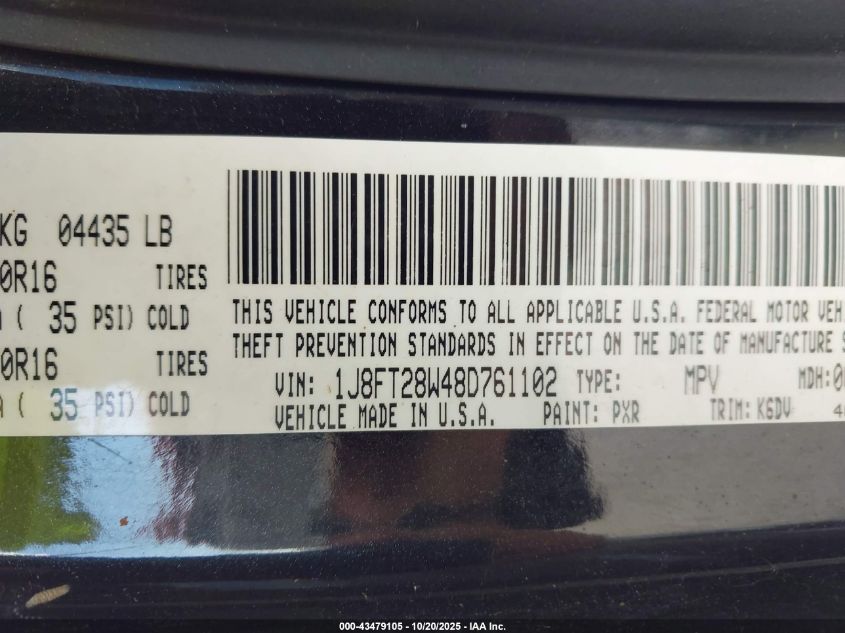 2008 Jeep Patriot Sport VIN: 1J8FT28W48D761102 Lot: 43479105