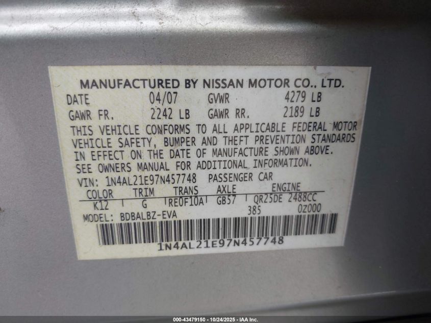 2007 Nissan Altima 2.5 S VIN: 1N4AL21E97N457748 Lot: 43479150
