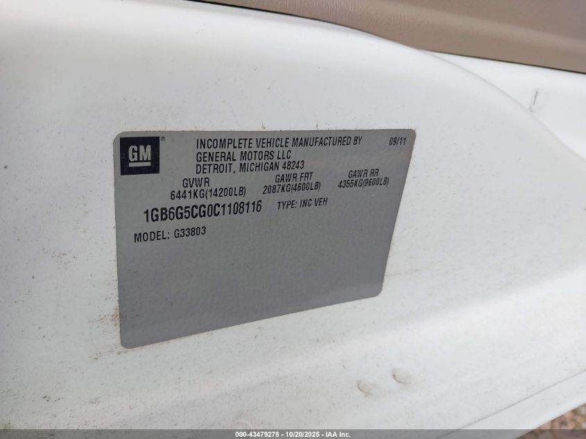 2012 Chevrolet Express Cutaway 4500 Series VIN: 1GB6G5CG0C1108116 Lot: 43479278