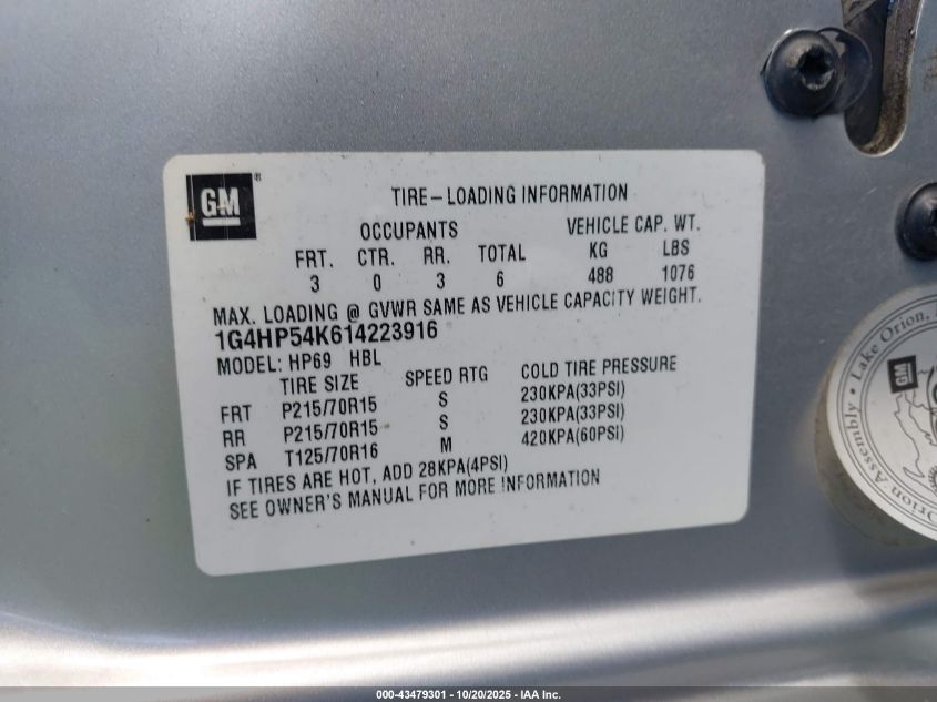 2001 Buick Lesabre Custom VIN: 1G4HP54K614223916 Lot: 43479301