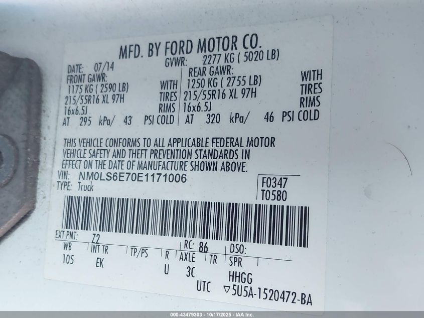 2014 Ford Transit Connect Xl VIN: NM0LS6E70E1171006 Lot: 43479303