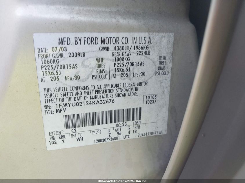 2004 Ford Escape Xls VIN: 1FMYU02124KA32676 Lot: 43479317