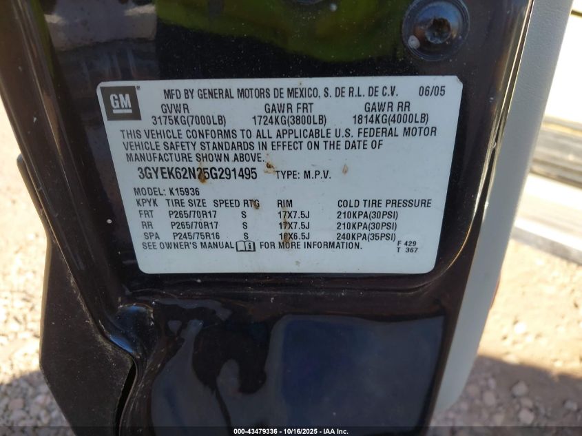 2005 Cadillac Escalade Ext Standard VIN: 3GYEK62N25G291495 Lot: 43479336