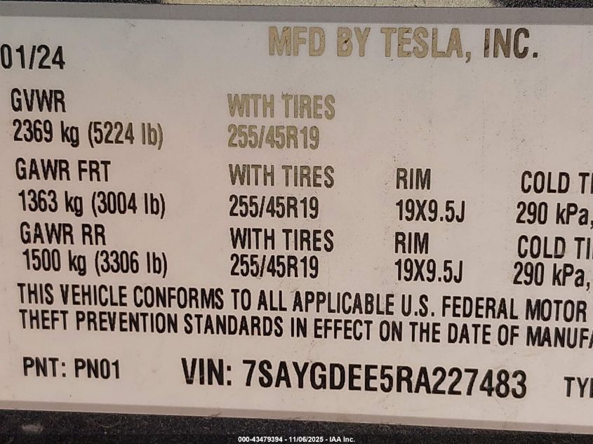 2024 Tesla Model Y Long Range Dual Motor All-Wheel Drive VIN: 7SAYGDEE5RA227483 Lot: 43479394