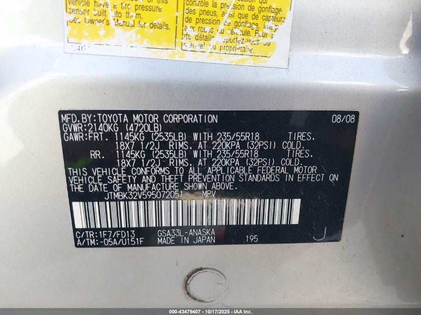 2009 Toyota Rav4 Sport V6 VIN: JTMBK32V595072051 Lot: 43479407