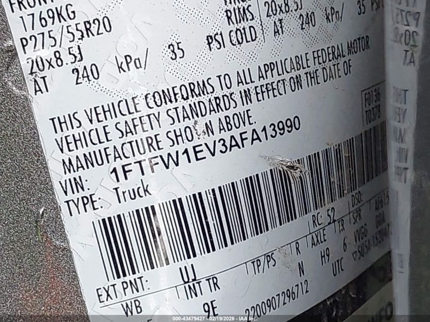 2010 Ford F-150 Fx4/Harley-Davidson/King Ranch/Lariat/Platinum/Xl/Xlt VIN: 1FTFW1EV3AFA13990 Lot: 43479427