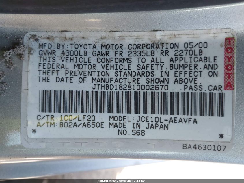 2001 Lexus Is 300 VIN: JTHBD182810002670 Lot: 43479565