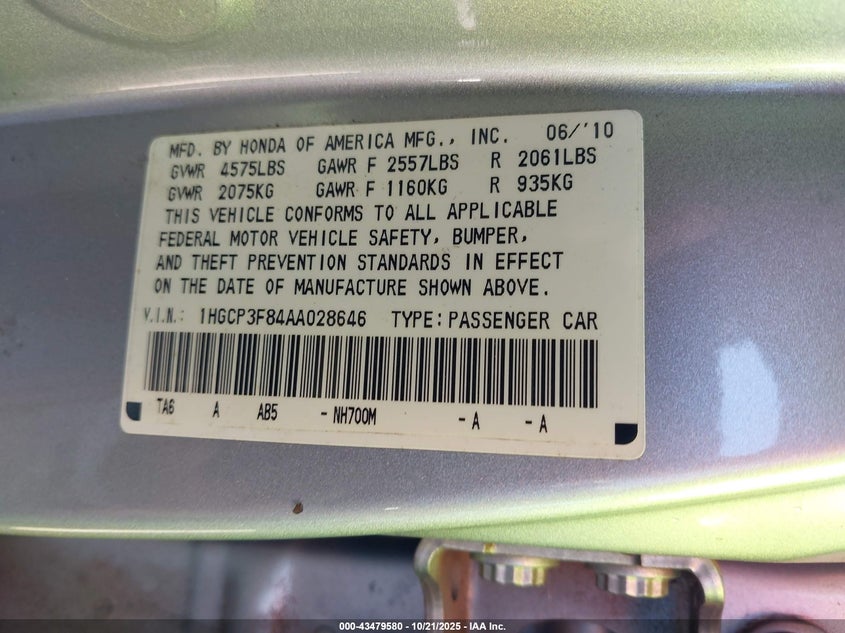 1HGCP3F84AA028646 2010 HONDA ACCORD photo no. 9