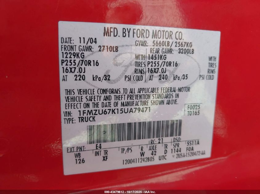 2005 Ford Explorer Sport Trac Adrenalin/Xls/Xlt VIN: 1FMZU67K15UA79471 Lot: 43479612