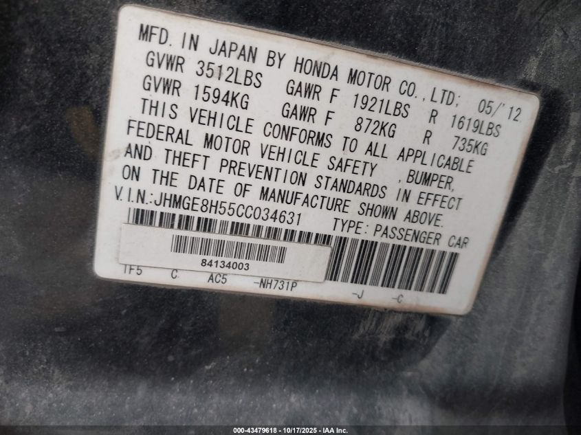 2012 Honda Fit Sport VIN: JHMGE8H55CC034631 Lot: 43479618