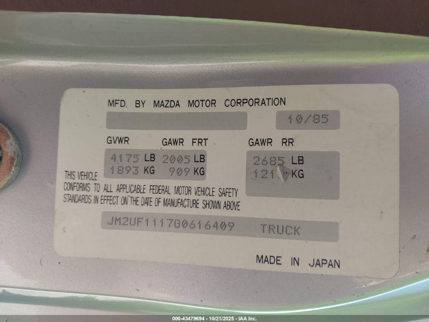 1986 Mazda B2000 VIN: JM2UF1117G0616409 Lot: 43479694