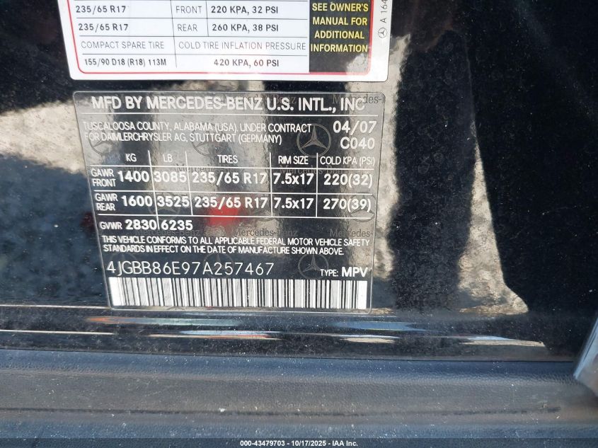 2007 Mercedes-Benz Ml 350 4Matic VIN: 4JGBB86E97A257467 Lot: 43479703