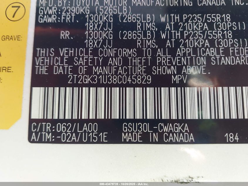 2008 Lexus Rx 350 VIN: 2T2GK31U38C045829 Lot: 43479739