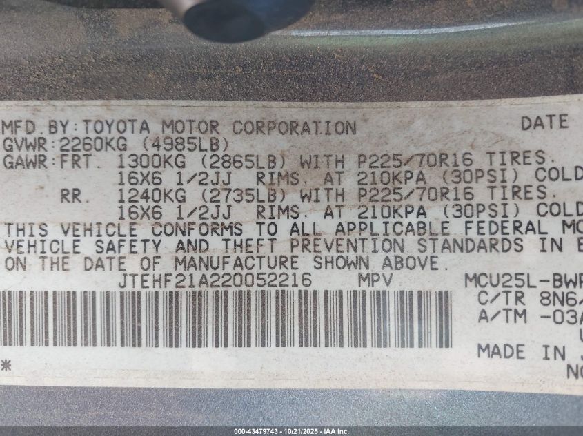 2002 Toyota Highlander Limited V6 VIN: JTEHF21A220052216 Lot: 43479743