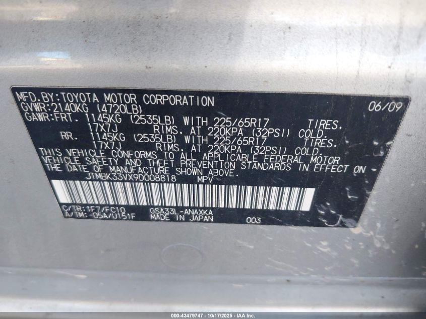 2009 Toyota Rav4 VIN: JTMBK33VX9D008818 Lot: 43479747