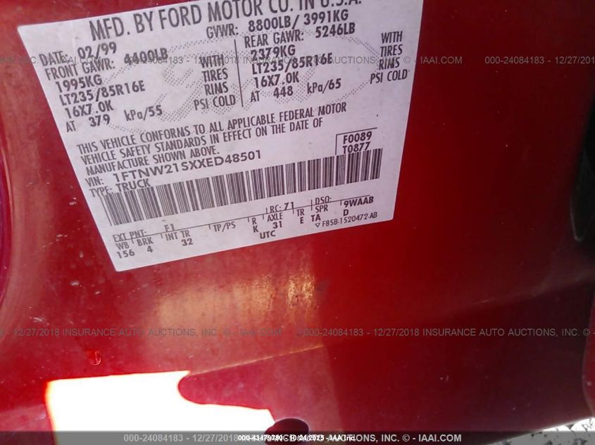 1999 Ford F-250 Lariat/Xl/Xlt VIN: 1FTNW21SXXED48501 Lot: 43479780