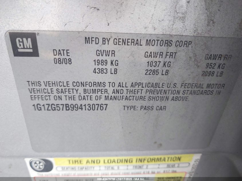 2009 Chevrolet Malibu Ls VIN: 1G1ZG57B994130767 Lot: 43479798