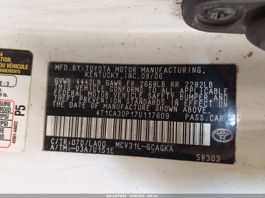 2007 Toyota Camry Solara Sle V6 VIN: 4T1CA30P17U117609 Lot: 43479809