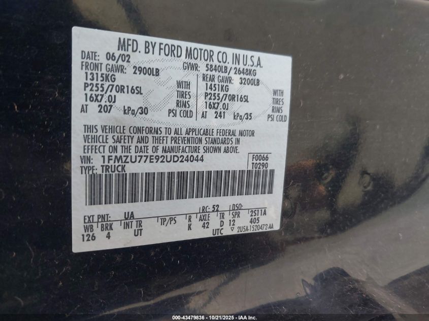 2002 Ford Explorer Sport Trac VIN: 1FMZU77E92UD24044 Lot: 43479836