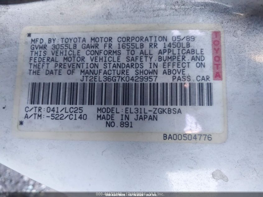 1989 Toyota Tercel Ez VIN: JT2EL36G7K0429957 Lot: 43479856