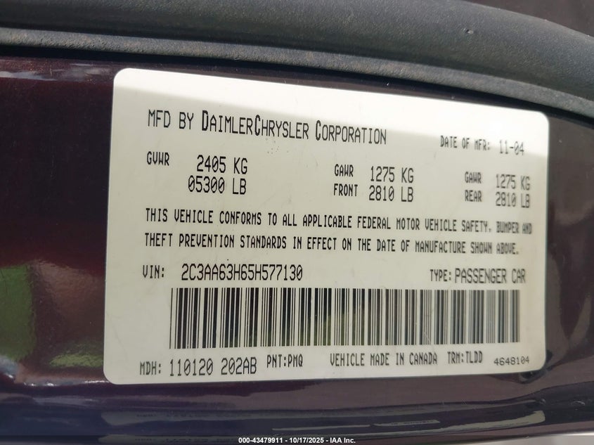 2C3AA63H65H577130 2005 CHRYSLER 300C photo no. 9