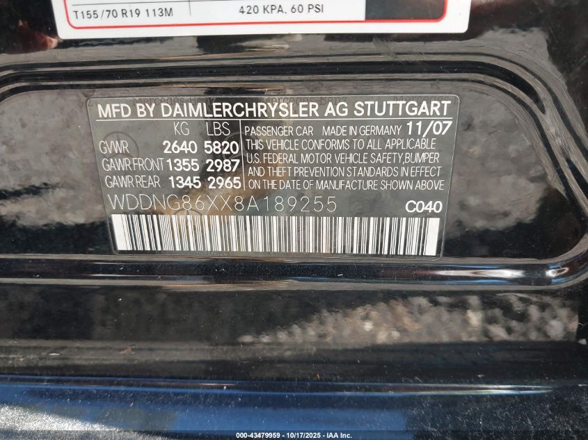 2008 Mercedes-Benz S 550 4Matic VIN: WDDNG86XX8A189255 Lot: 43479959