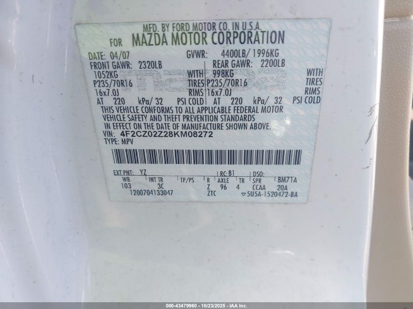 2008 Mazda Tribute I Sport VIN: 4F2CZ02Z28KM08272 Lot: 43479960