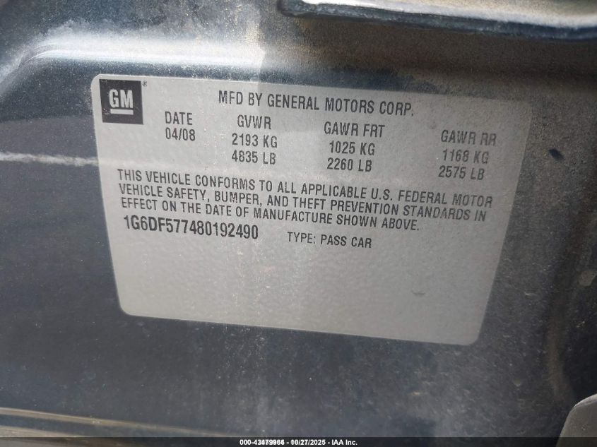 2008 Cadillac Cts Standard VIN: 1G6DF577480192490 Lot: 43479966