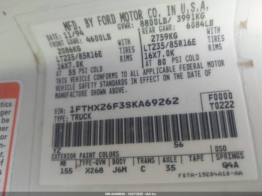 1995 Ford F250 VIN: 1FTHX26F3SKA69262 Lot: 43480040