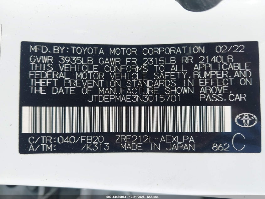 JTDEPMAE3N3015701 2022 TOYOTA COROLLA photo no. 9