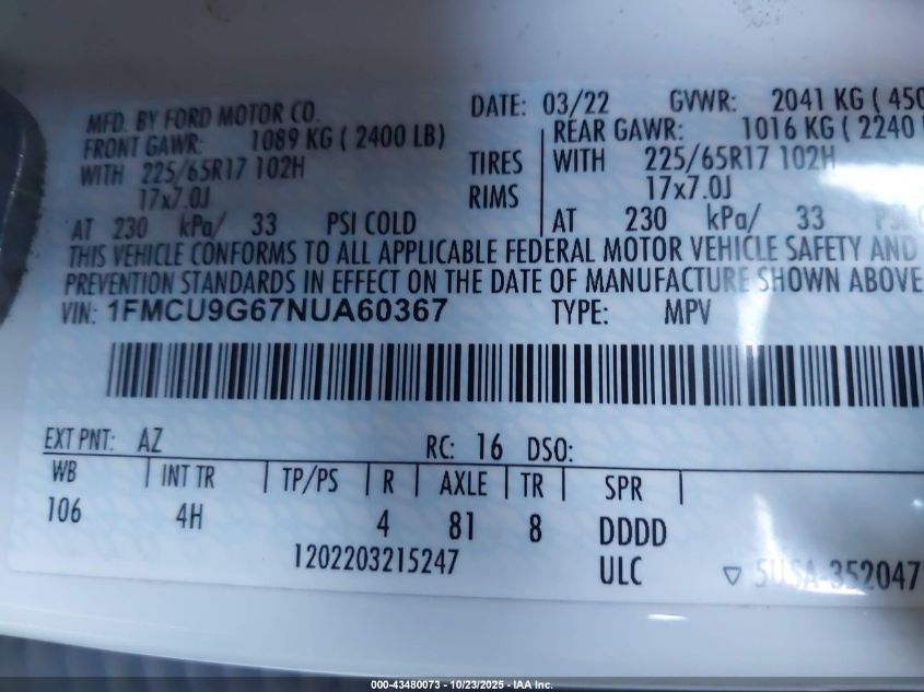 2022 Ford Escape Se VIN: 1FMCU9G67NUA60367 Lot: 43480073