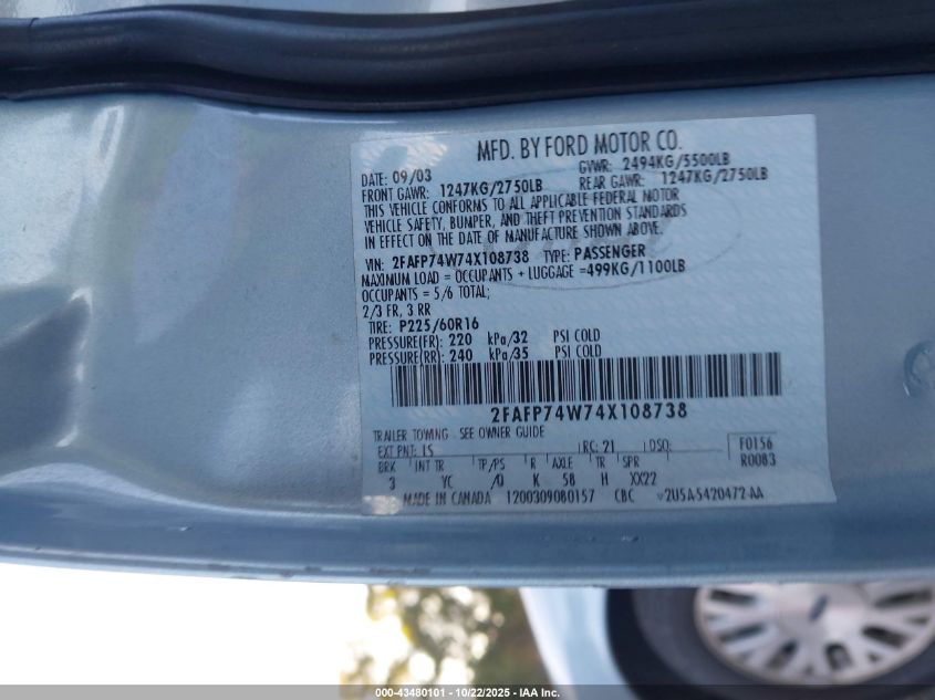 2004 Ford Crown Victoria Lx VIN: 2FAFP74W74X108738 Lot: 43480101