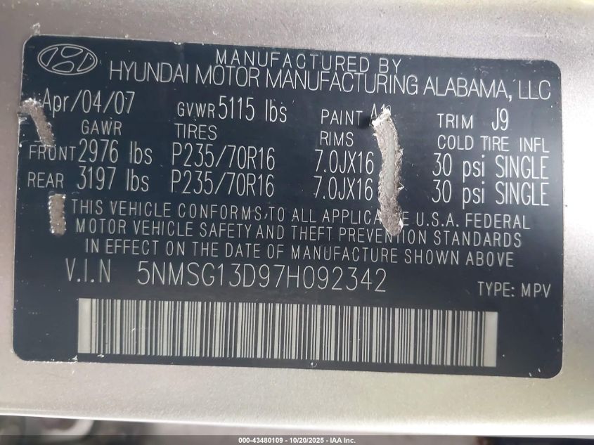 2007 Hyundai Santa Fe Gls VIN: 5NMSG13D97H092342 Lot: 43480109
