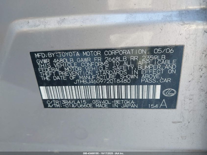 2007 Lexus Es 350 VIN: JTHBJ46G972018480 Lot: 43480195