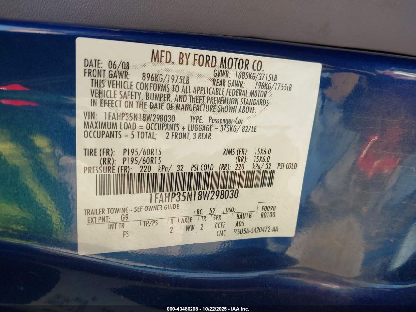 2008 Ford Focus Se/Ses VIN: 1FAHP35N18W298030 Lot: 43480208