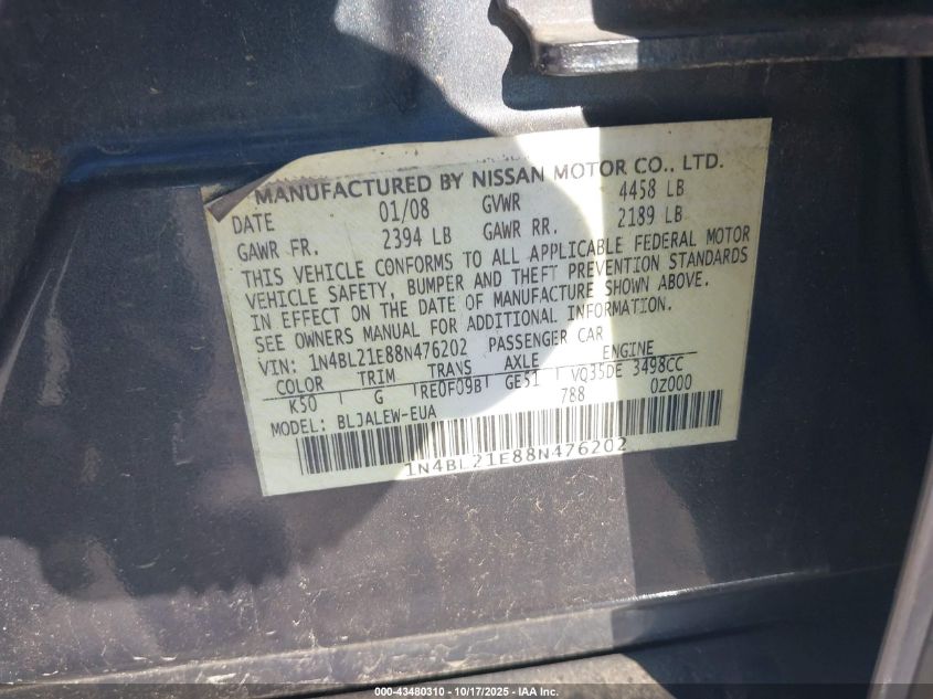2008 Nissan Altima 3.5 Sl VIN: 1N4BL21E88N476202 Lot: 43480310