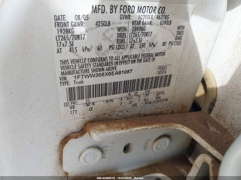 2006 Ford F-350 Lariat/Xl/Xlt VIN: 1FTWW305X6EA81087 Lot: 43480315