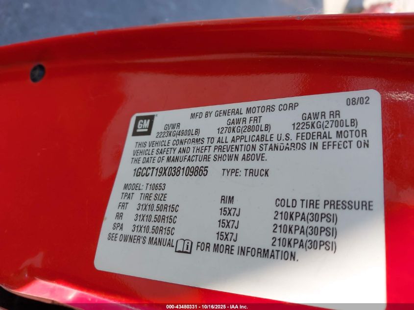 2003 Chevrolet S-10 Ls VIN: 1GCCT19X038109865 Lot: 43480331