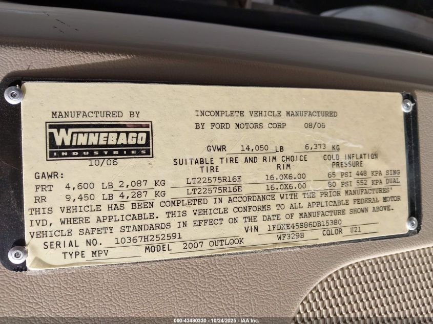 2006 Ford E-450 Cutaway VIN: 1FDXE45S86DB15380 Lot: 43480330