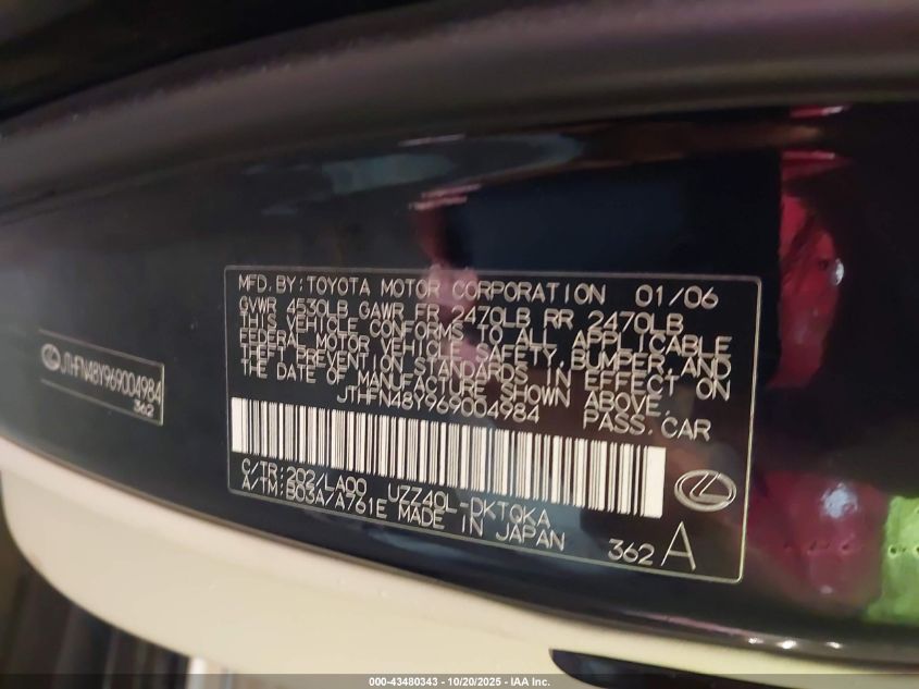 2006 Lexus Sc 430 VIN: JTHFN48Y969004984 Lot: 43480343