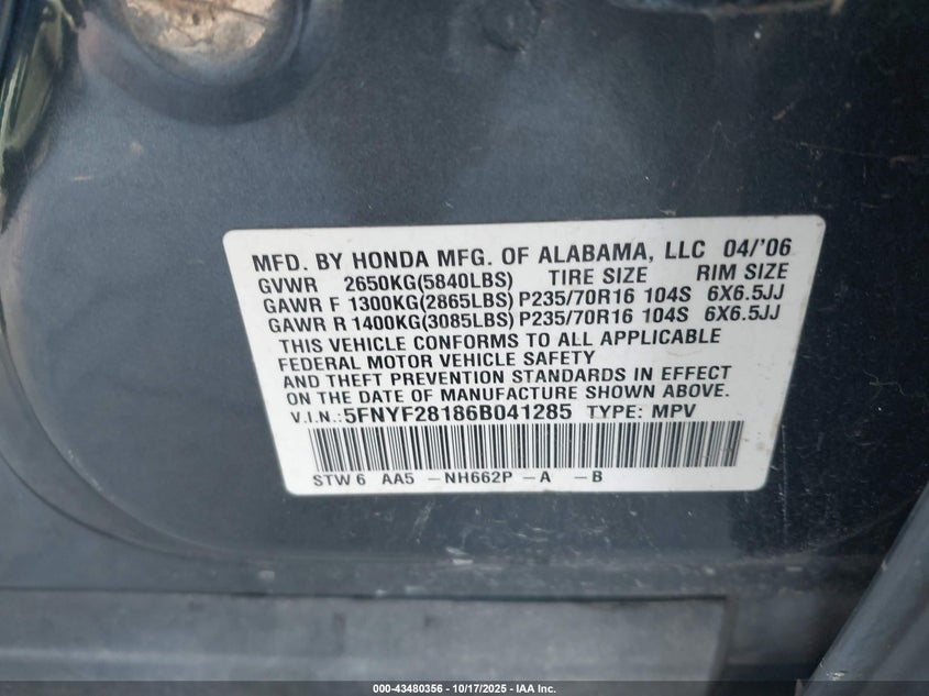 5FNYF28186B041285 2006 HONDA PILOT photo no. 9