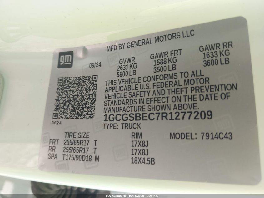 2024 Chevrolet Colorado 2Wd Wt VIN: 1GCGSBEC7R1277209 Lot: 43480375